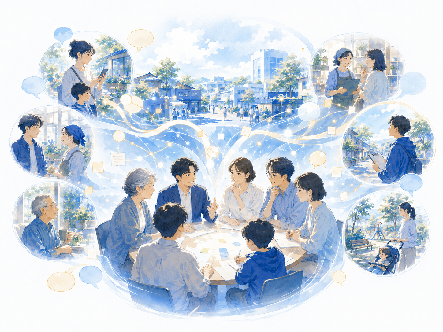 日本の地域の日常風景。商店街、親子、高齢者、若い人、地域の相談風景、通学路、まちの掲示板が含まれているメインビジュアル