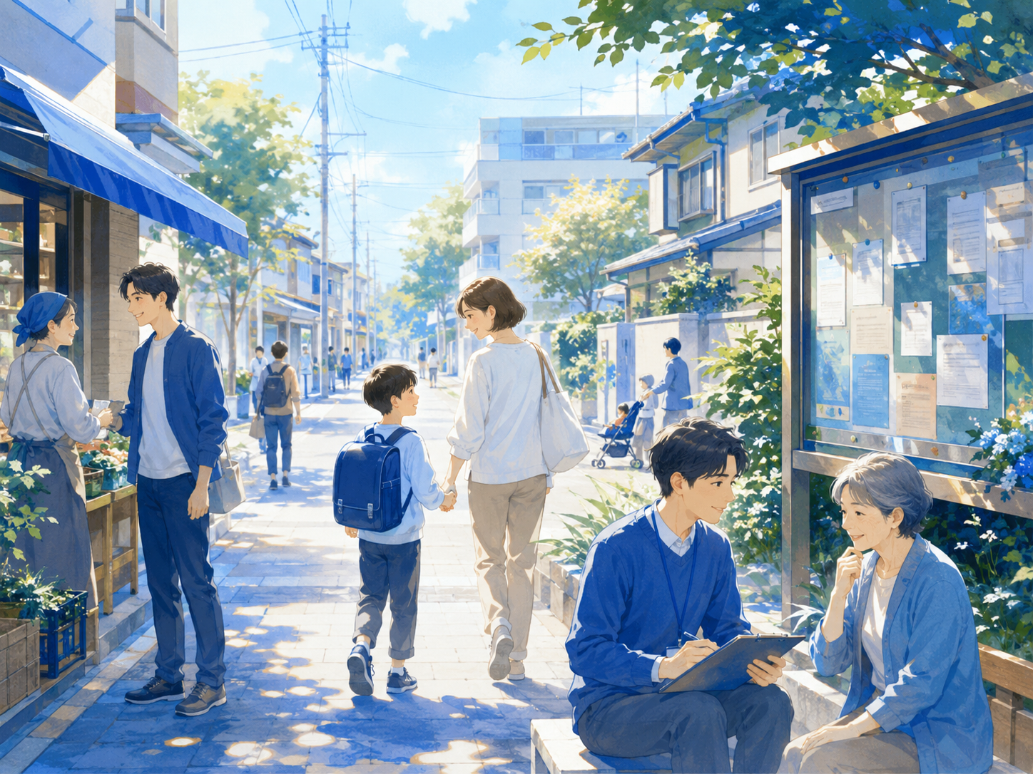 日本の地域の日常風景。商店街、親子、高齢者、若い人、地域の相談風景、通学路、まちの掲示板が含まれているメインビジュアル