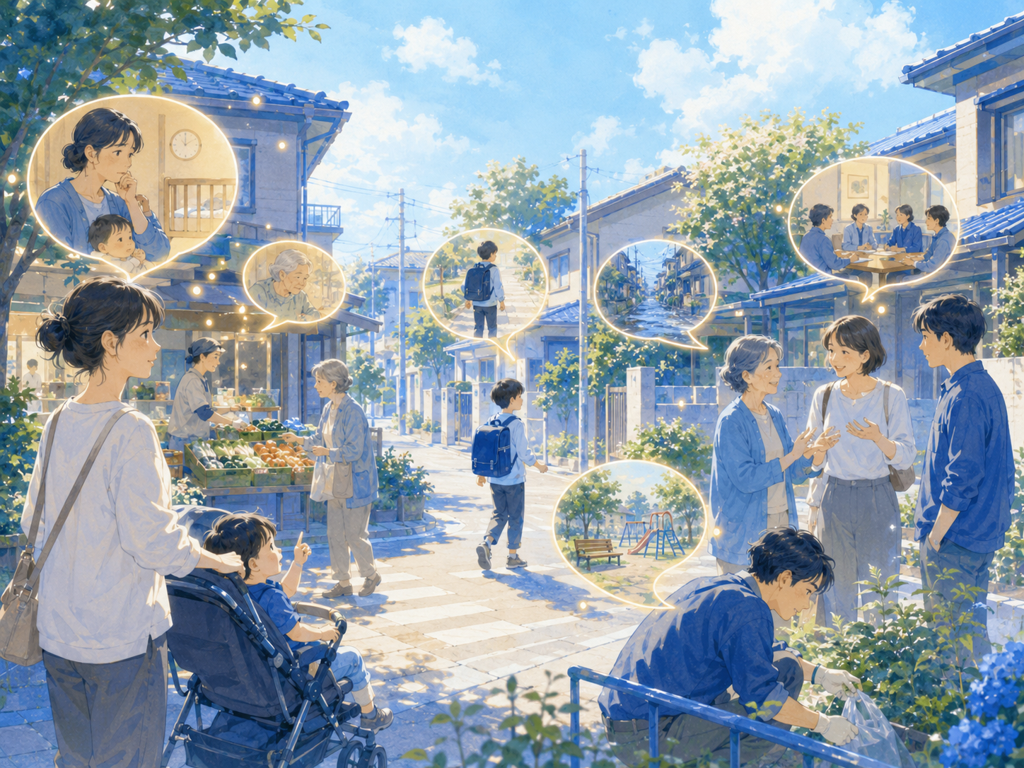 地域の小さな困りごとが吹き出しや光の粒として浮かび上がる画像